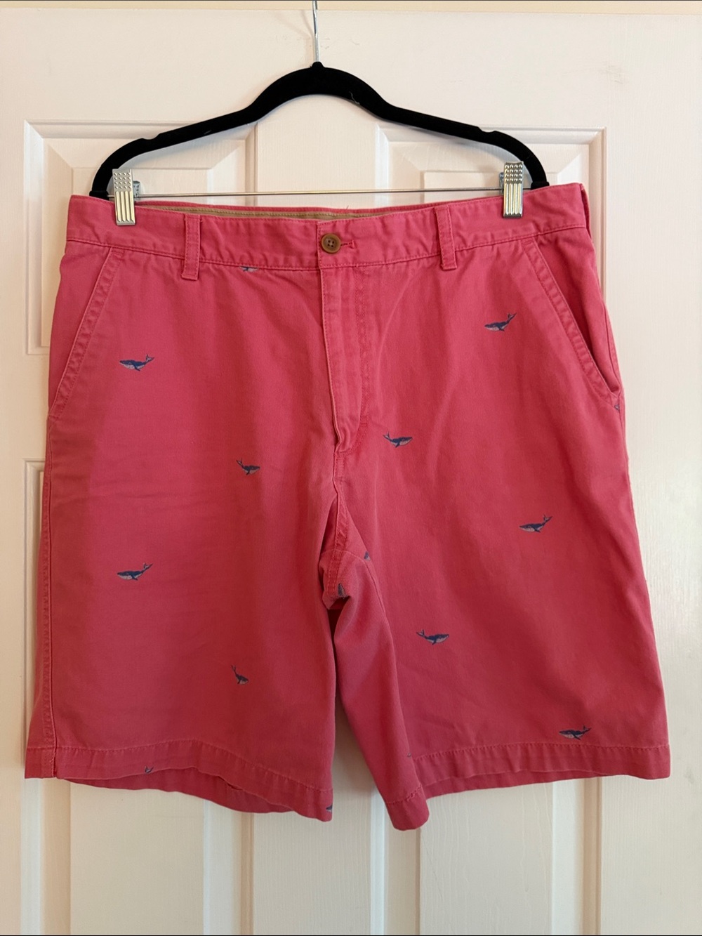 Izod Saltwater Coral Flat-Front Shorts with Navy blue whale casual preppy